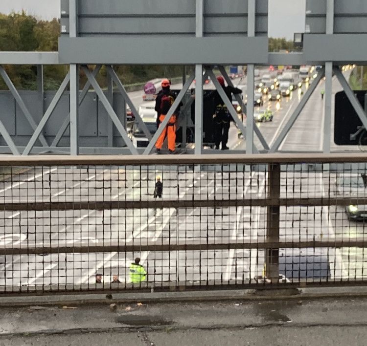 Traffic was held as police officers removed the protester. 