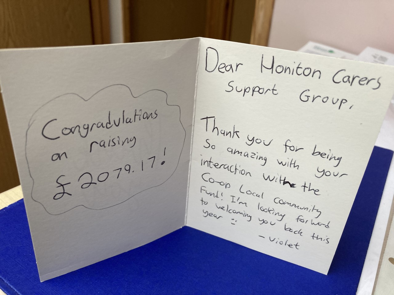 A card for Honiton Carers from the Co-op (Credit: Winnie Cameron)