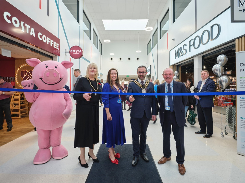 The official opening of the new entrance space. From left: Percy Pig, Cllr Sue Little - Deputy Mayor of Thurrock, Hannah Coffey, Cllr Luke Mackenzie, Mayor of Basildon and Nigel Beverley.