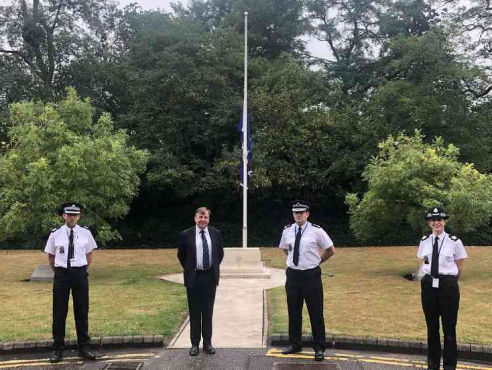 Maldon MP John Whittingdale joins senior officers of Essex Police for the memorial to mark the first anniversary of PC Harper's death