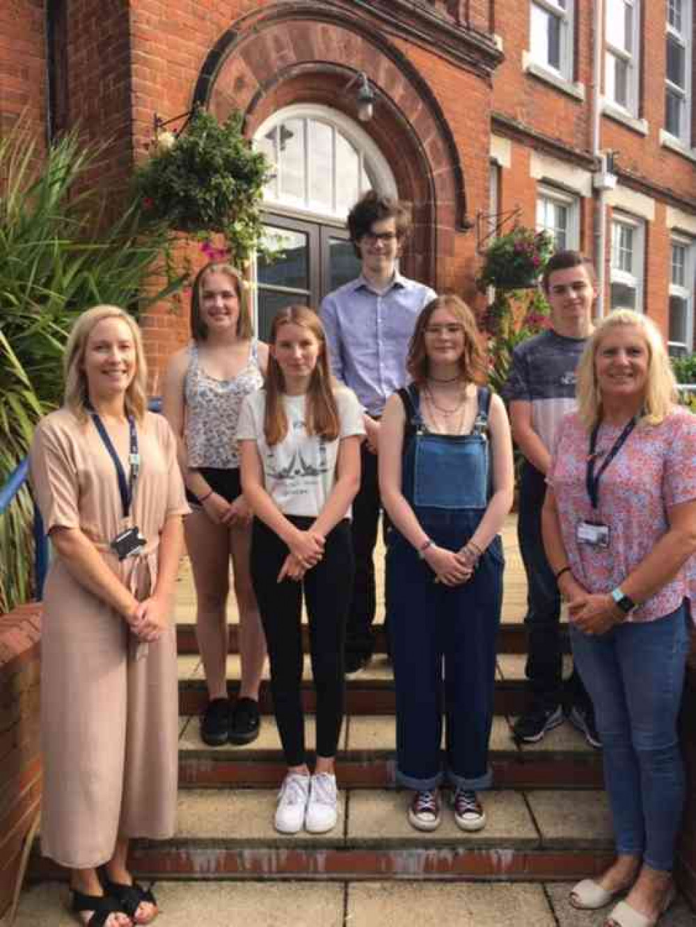 Plume's star students celebrate with teachers at the school: left to right, Head of Year Beth Meltzer, students Daisy Jewell, Lily Peace, Lucas Chapman, Isla Watterson and Jamie Stevens, Assistant Head of Year, Pat Rhodes.