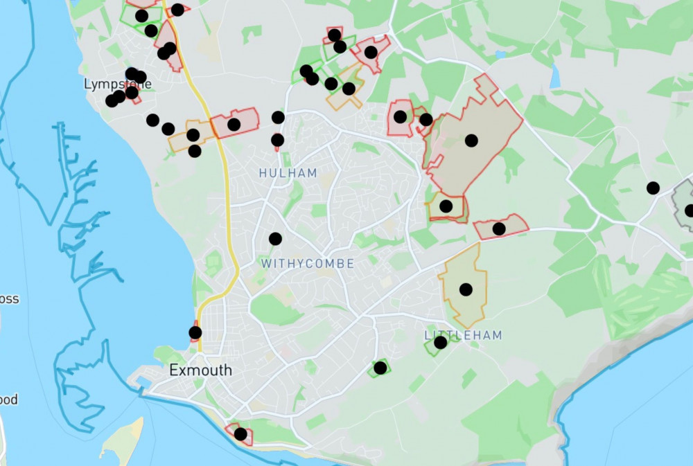 Exmouth local plan site map. First choice in green, second choice in amber, rejected in red (EDDC)