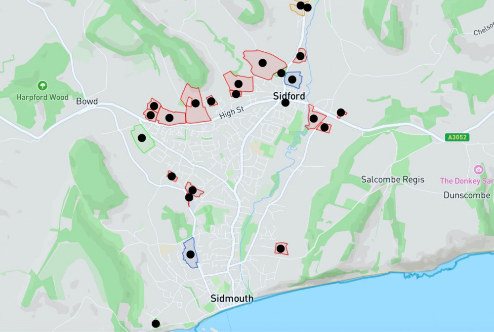 Sid Valley local plan site map. First choice in green, second choice in amber, rejected in red, permission given in blue (EDDC)