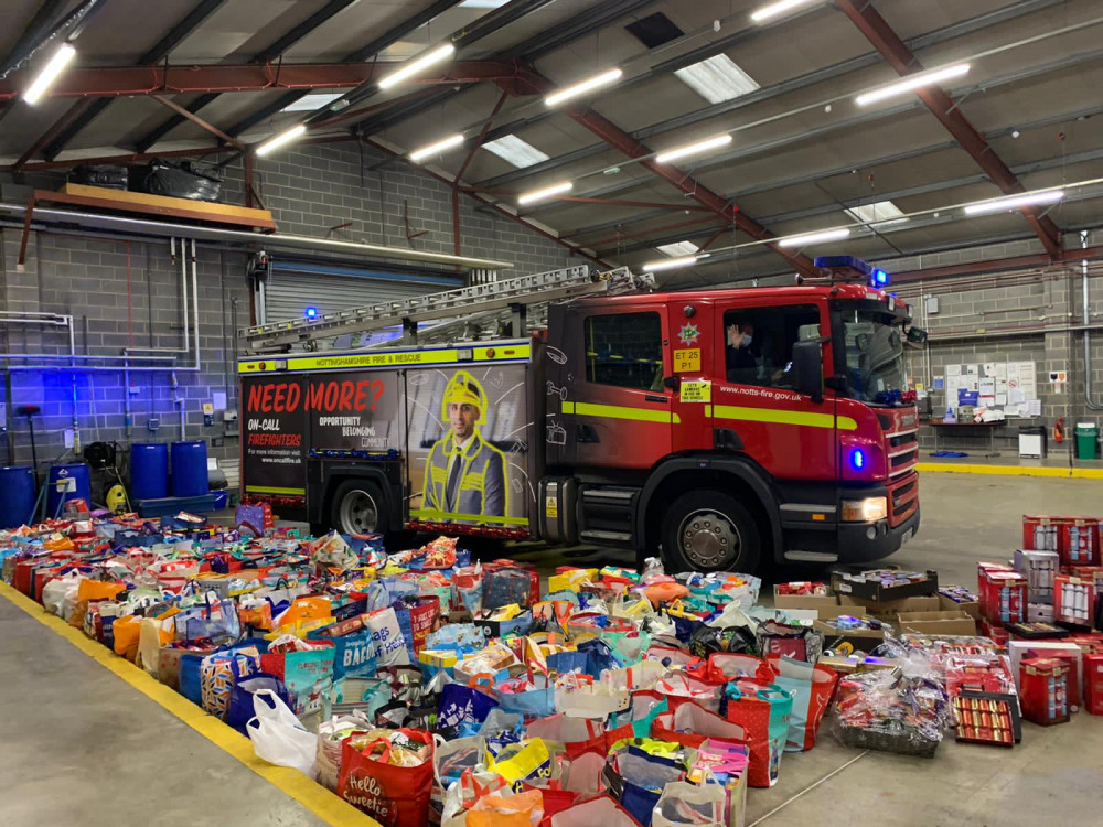 Hucknall’s firefighters are once again organising and collecting festive foodbank donations. Photo courtesy of Hucknall Fire Station.