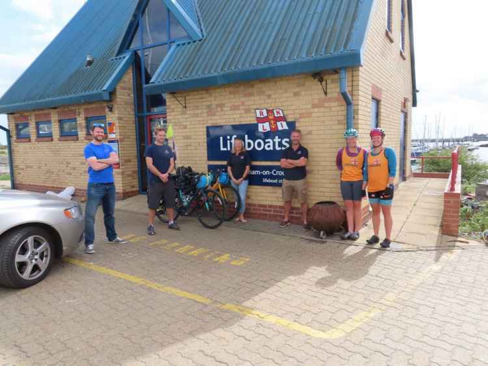 The cycling duo meet volunteers at Burnham-on-Crouch RNLI lifeboat station