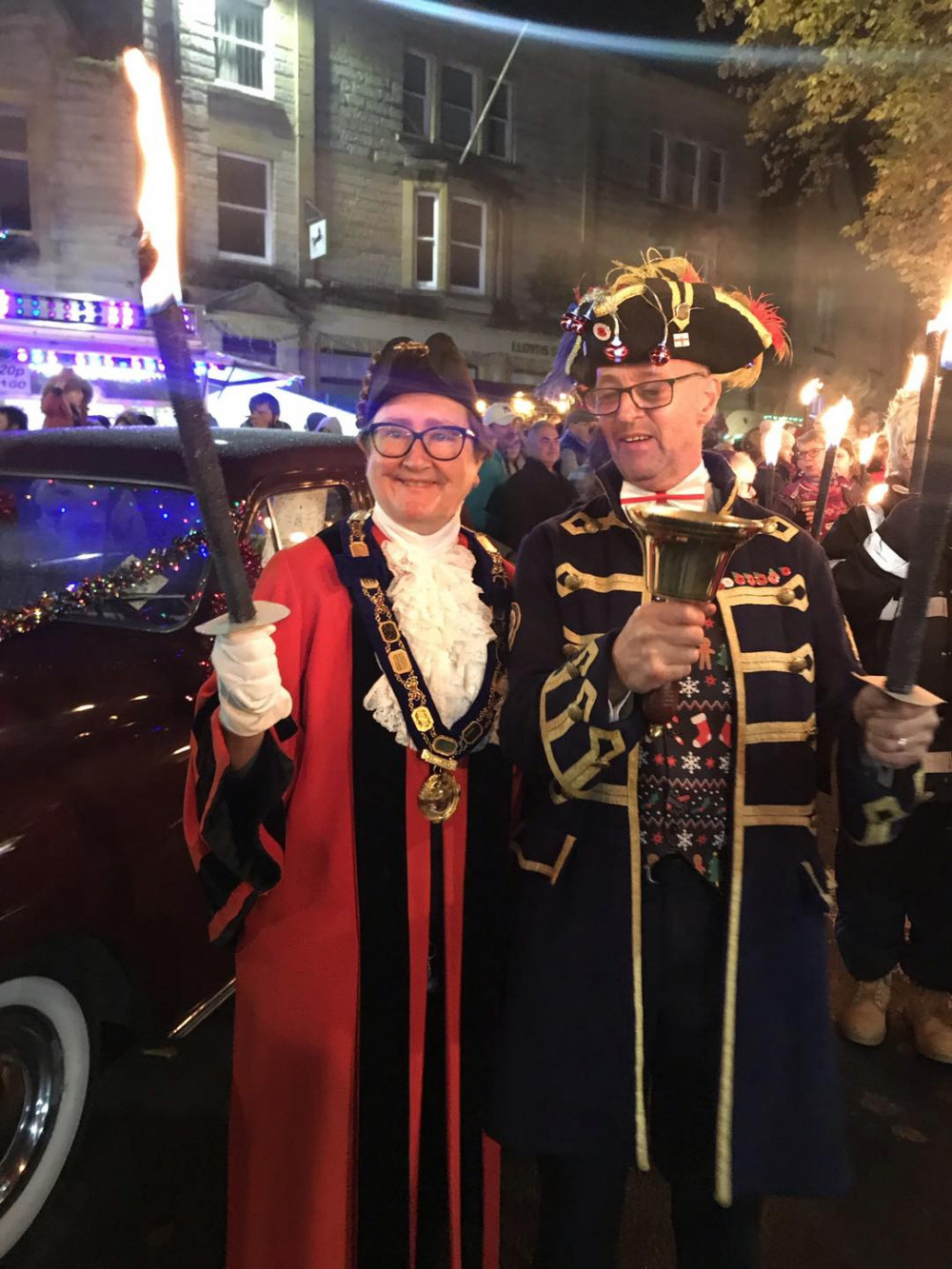 The Mayor of Axminster, Cllr Jill Farrow, and town crier Nick Goodwin at last year's torchlight procession