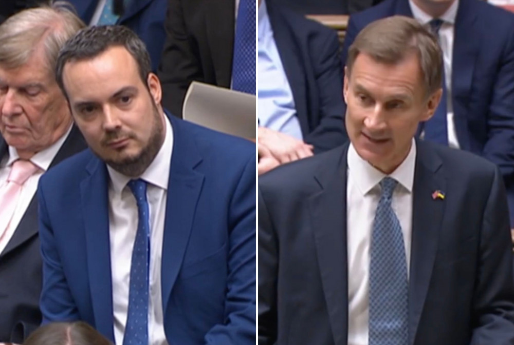 L: Simon Jupp MP after asking question on Ukraine to PM Sunak. R: Chancellor Jeremy Hunt delivering Autumn Budget (UK Parliament)