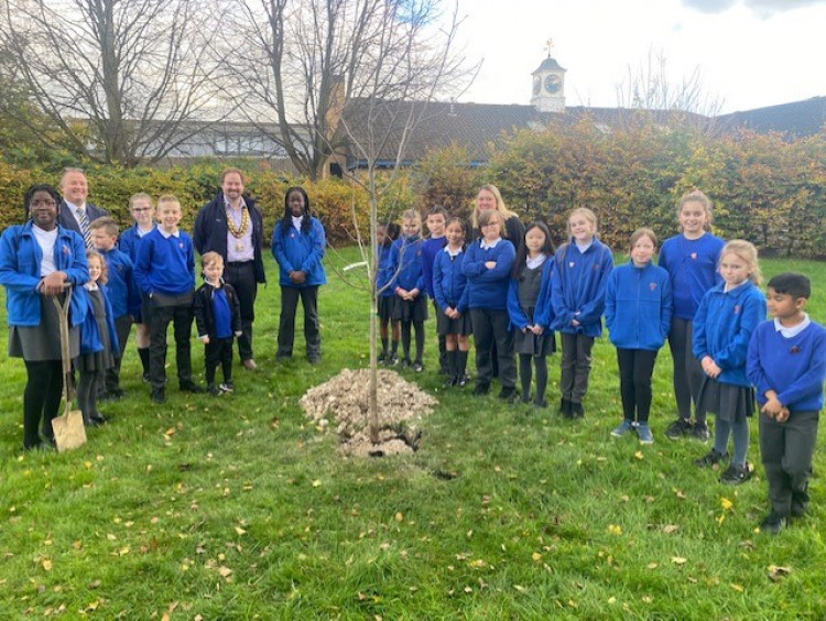 Mayor Cllr James Halden with staff and pupils at Tudor Court.