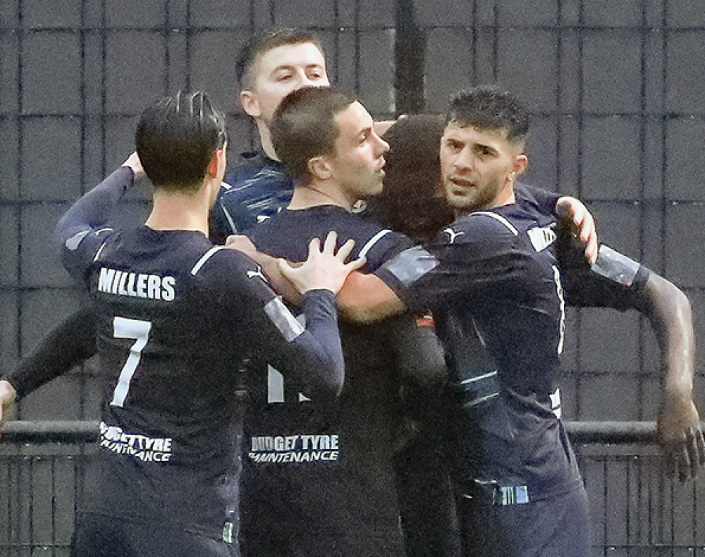 Millers celebrate George Sykes' goal but they were ultimately to be disappointed. Picture by Kevin Lamb (Lambpix). Millers celebrate George Sykes' goal but they were ultimately to be disappointed. Picture by Kevin Lamb (Lambpix).