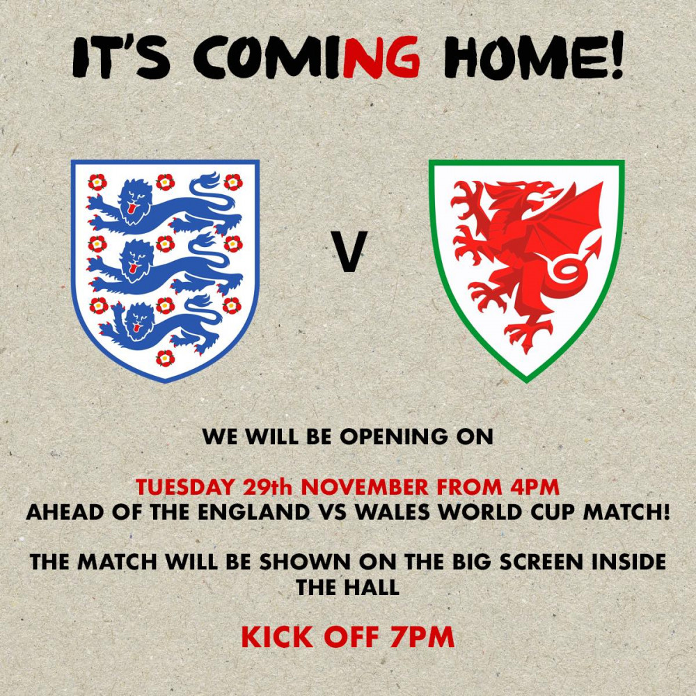 England Vs Wales will be shown live at Crewe Market Hall on Tuesday (November 29).