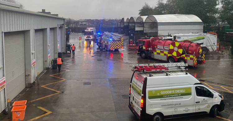  Fire and Rescue crews oversee the cooling of smoking waste at North West Leicestershire District Council’s waste depot in Coalville