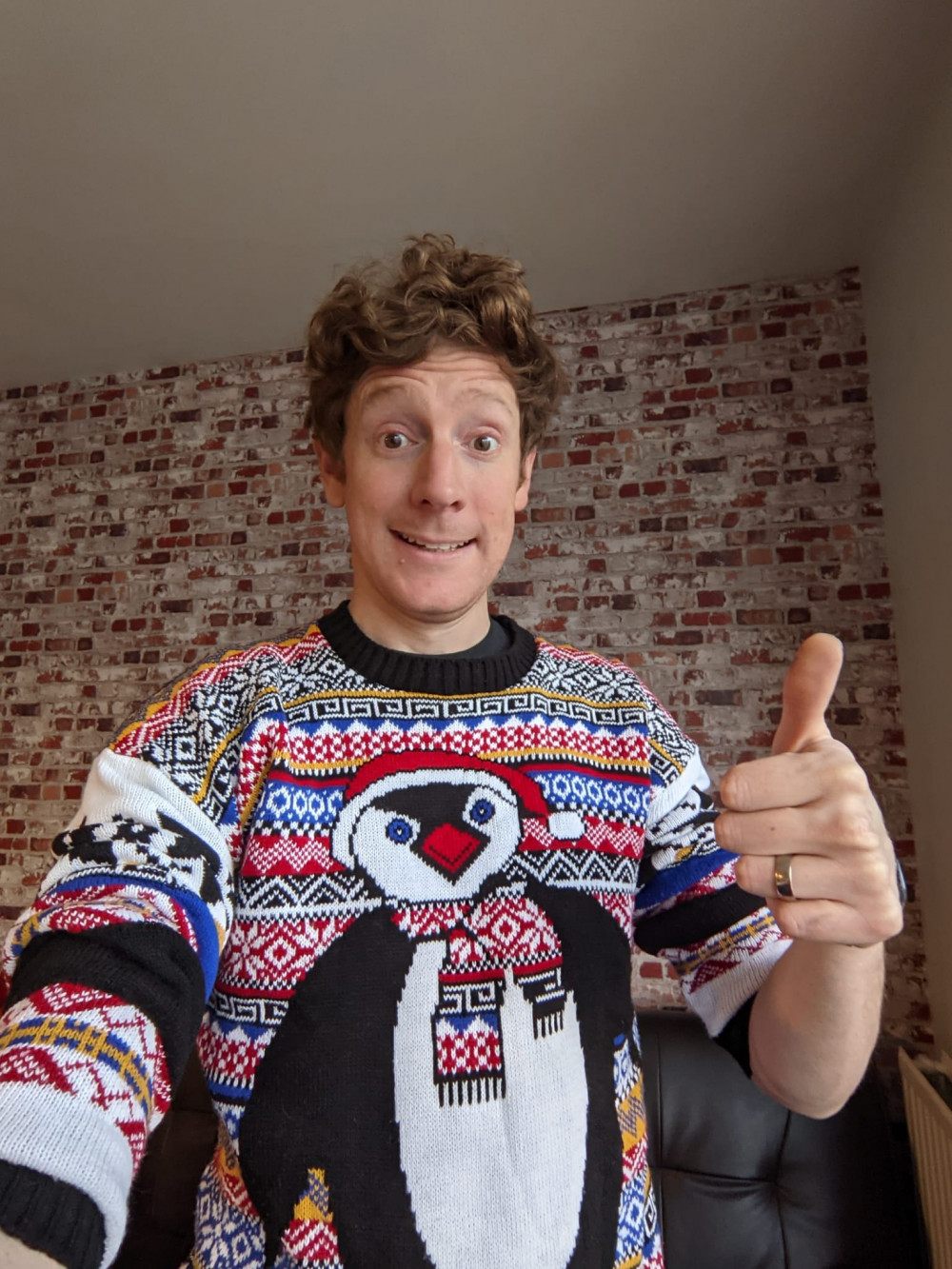 Swap. Share. Spread the joy. PICTURE: Daf in Festive Jumper. CREDIT: Plastic Free Hitchin 