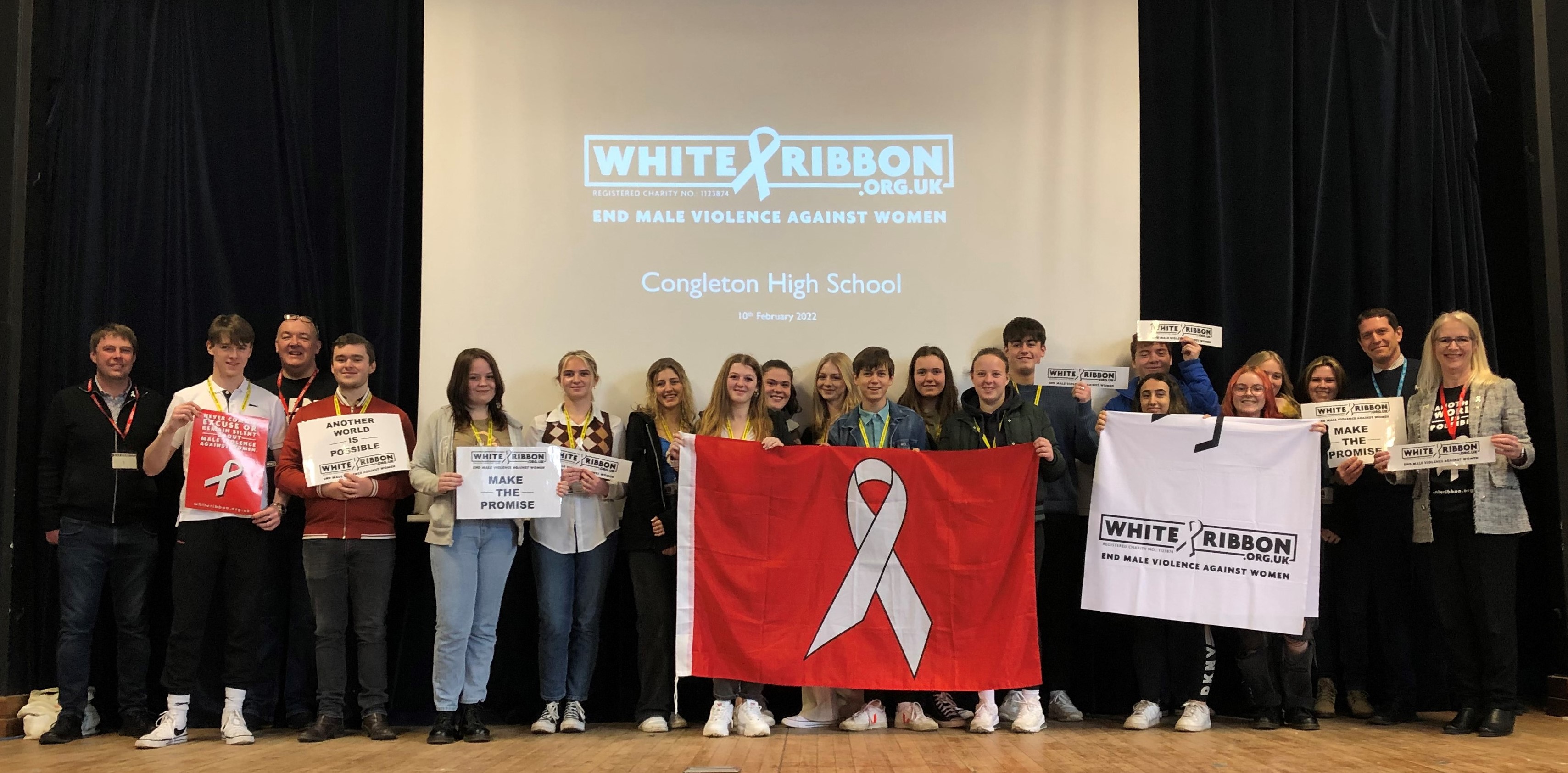 White Ribbon team at Congleton High School (Ambassadors Cllr Hemsley left and Richard Walton 3rd Left, Cllr Wesley Right)