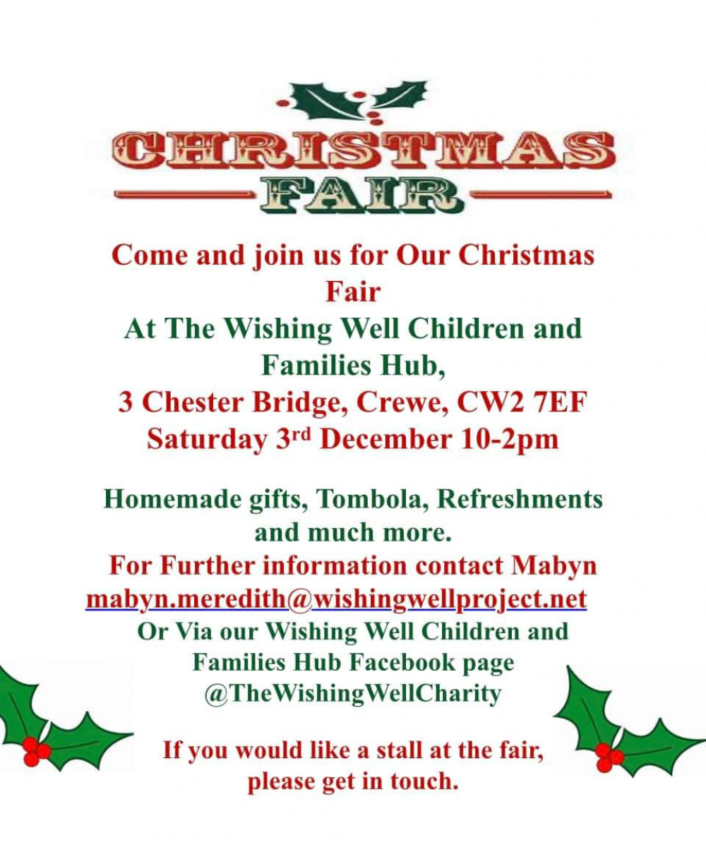 There is a Christmas Fair at The Wishing Well Children & Families Hub on Saturday (December 3). 