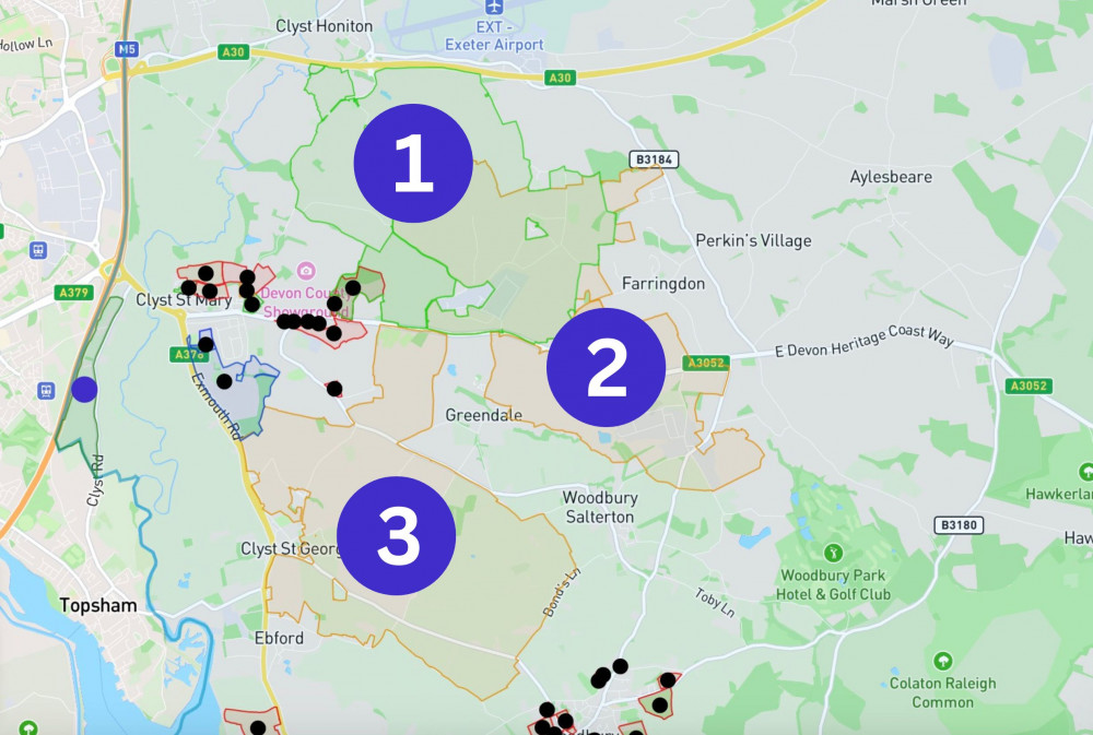 Second new town option one outlined in green, options two and three outlined in orange (EDDC)