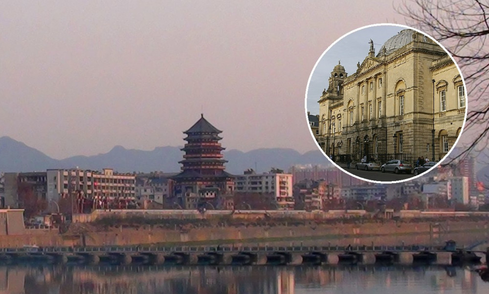 Jingdezhen City, Jiangxi with (inset) Bath Guildhall (Jingdezhen Image: JHH755 via Wikipedia (CC BY-SA 3.0) and Bath Image: Matt Buck (CC BY-SA 2.0)) - free to use for all BBC partners