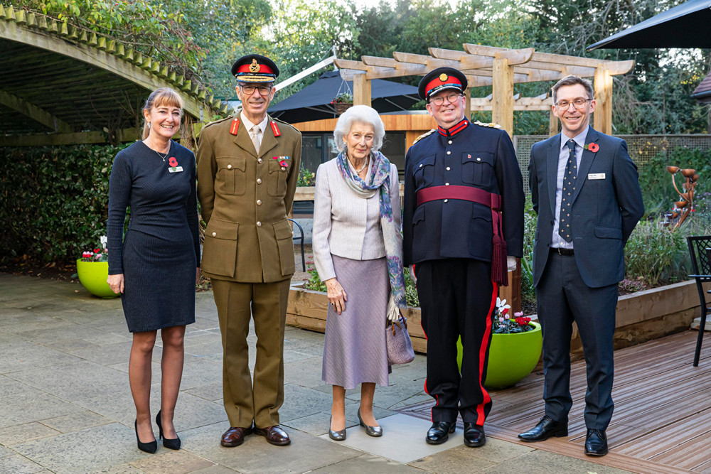 HRH Princess Alexandra (centre) in the revamped Royal Star & Garter garden in Surbiton with the charity’s (l-r) Director of Care Pauline Shaw, Chair Major General Tim Tyler, The Reverend Martin Hislop, Representative Deputy Lieutenant of Kingston upon Thames and Royal Star & Garter Chief Executive Andy Cole (credit: Royal Star & Garter).