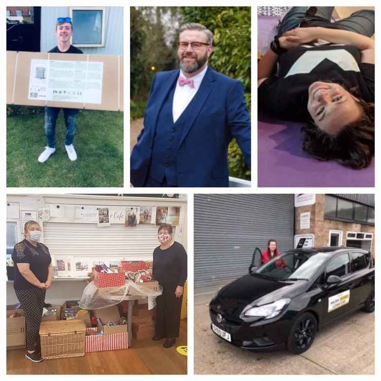 Bottom (from left): Julie Taylor with helper and Christmas hampers, Lee Johnson's cars were used by frontline NHS staff for free. Top (from left): Andrew Taylor, Kevin Jennings and Sophie Bleeker.