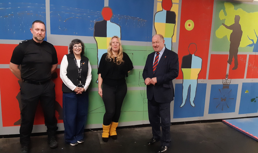 Left to right PC Wayne Stocking; Susan Barnet Fine Art Course Leader; artist Pippa Worthington and PCC Tim Passmore (Picture credit: Suffolk Police)