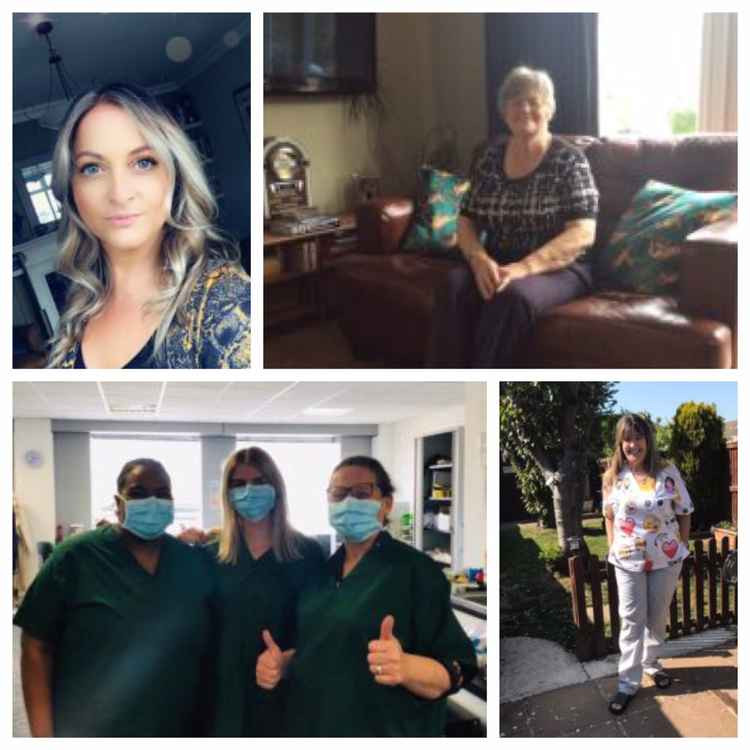 Bottom left to right: NHS workers wearing scrubs created by Ruth and Simon Houlding, Claire Montgomery. Top (left to right): Emma Durrant and Eileen Ryan.