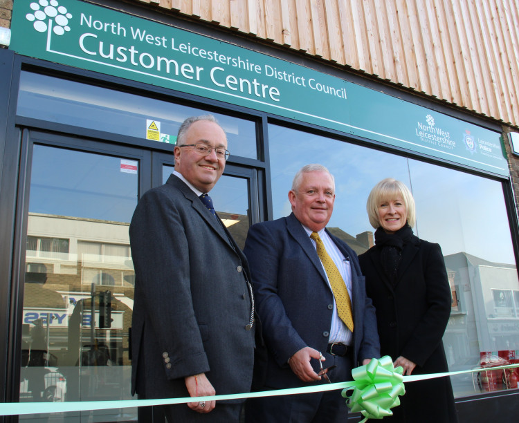 (L-R) Rupert Matthews, Police and Crime Commissioner for Leicester, Leicestershire and Rutland, Councillor Robert Ashman, Deputy Leader of North West Leicestershire District Council and Allison Thomas, Chief Executive of North West Leicestershire District Council celebrate the opening of the new Customer Centre in Coalville 