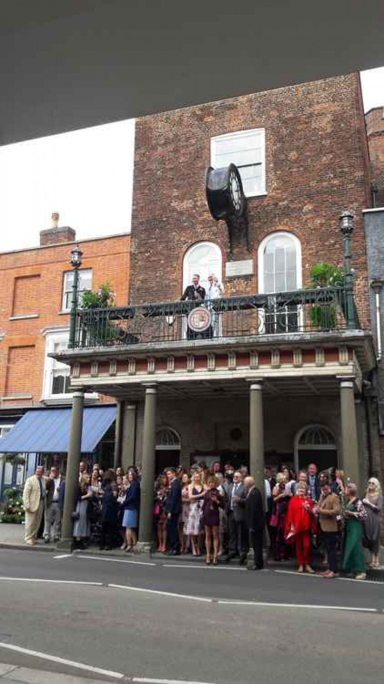 James and Paul on the Moot Hall balcony on their wedding day