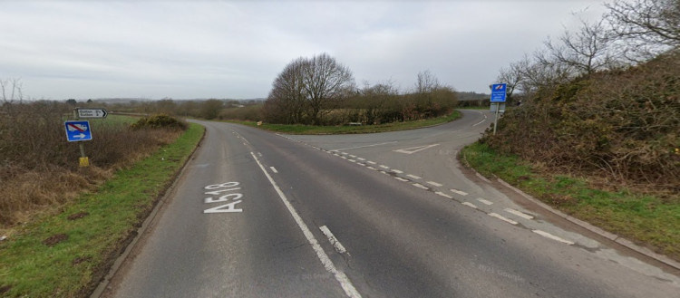 (Google Street image of the junction of the A518 and Radmore Lane near Gnosall)