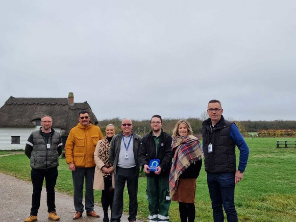 From left: Glen Owers - Parks and Countryside Senior Supervisor; Paul Brace - Director of Community and Environment; Claire Evans - L&D Officer; Rob Baker - Parks and Countryside Operations Manager; Joshua Earnshaw-Potts - Parks and Countryside Apprentice; Mandie Skeat - Deputy Chief Executive; Cllr Jeff Henry - Cabinet Member for for Health, Wellbeing, Leisure, Arts & Culture