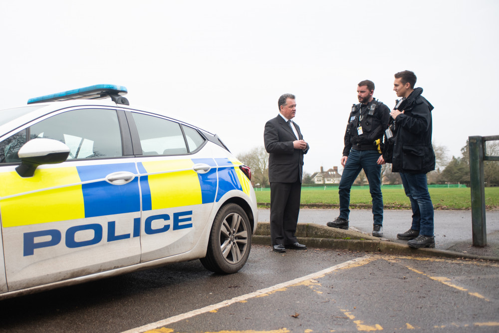 More than 200 knives surrendered during amnesty. PICTURE: Herts PCC David Lloyd with two officers 