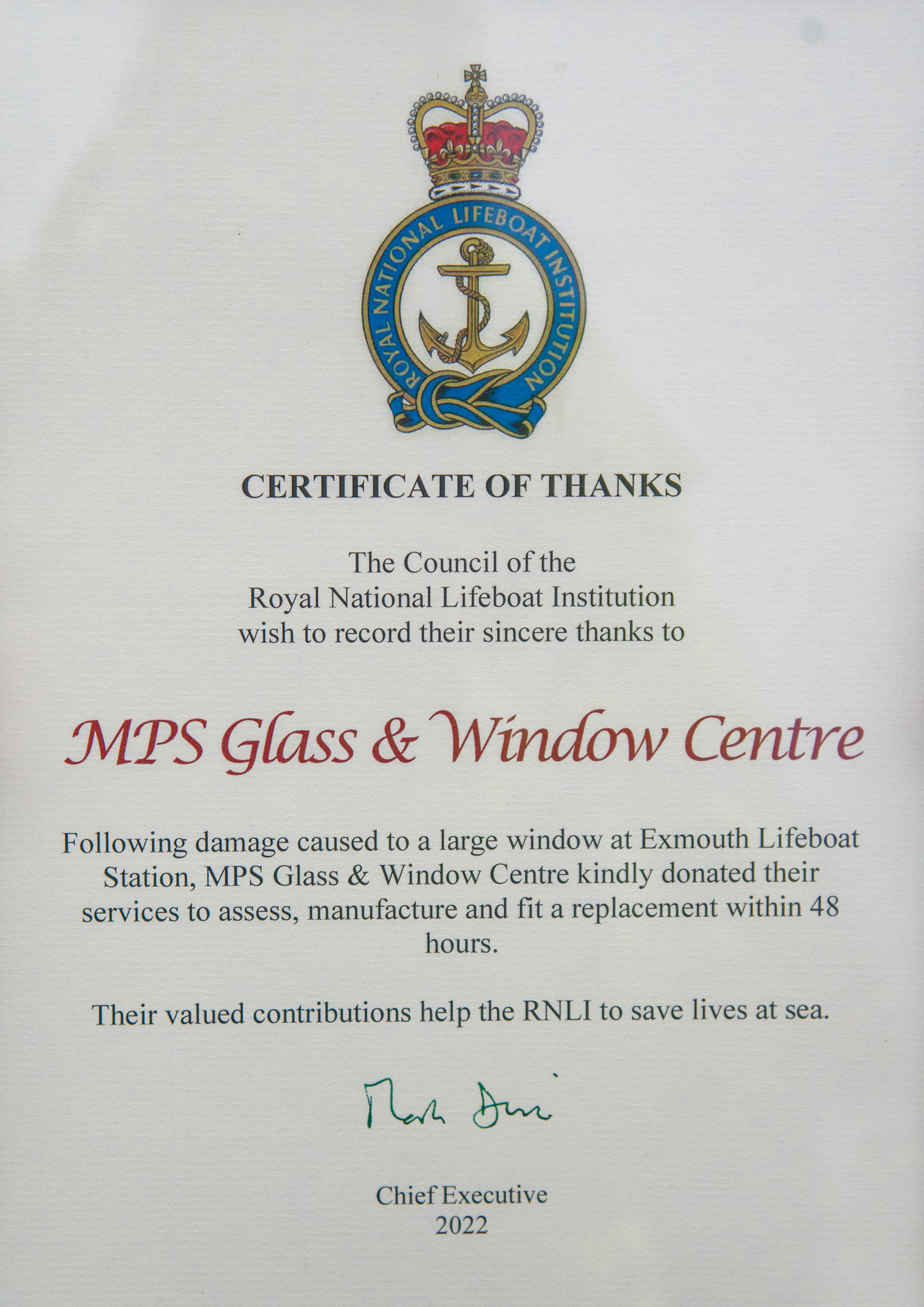 The Special Recognition Certificate awarded to MPS Windows. Credit : John Thorogood / RNLI