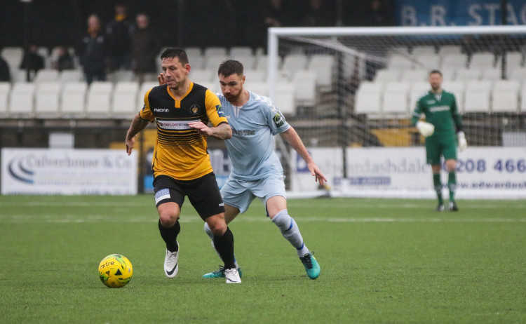 Sam Woods' early header condemns Kingstonian to their fourth game without a win in the league. Photo: James Boyes.