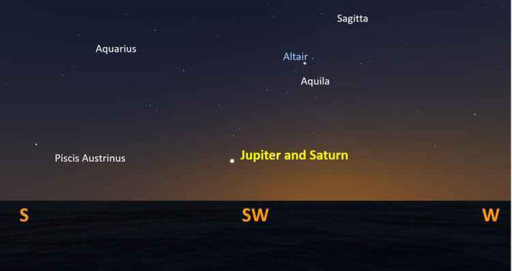 Simulation of the night sky on the day of the Great Conjunction, as will be seen from Essex at around 5pm