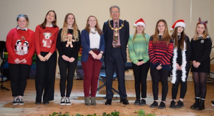 The Mayor of Cowbridge with Llanblethian, with the Head of Music, Miss Rhian Hughes, and students from Cowbridge Comprehensive School. Photo by Mike Wilcock 