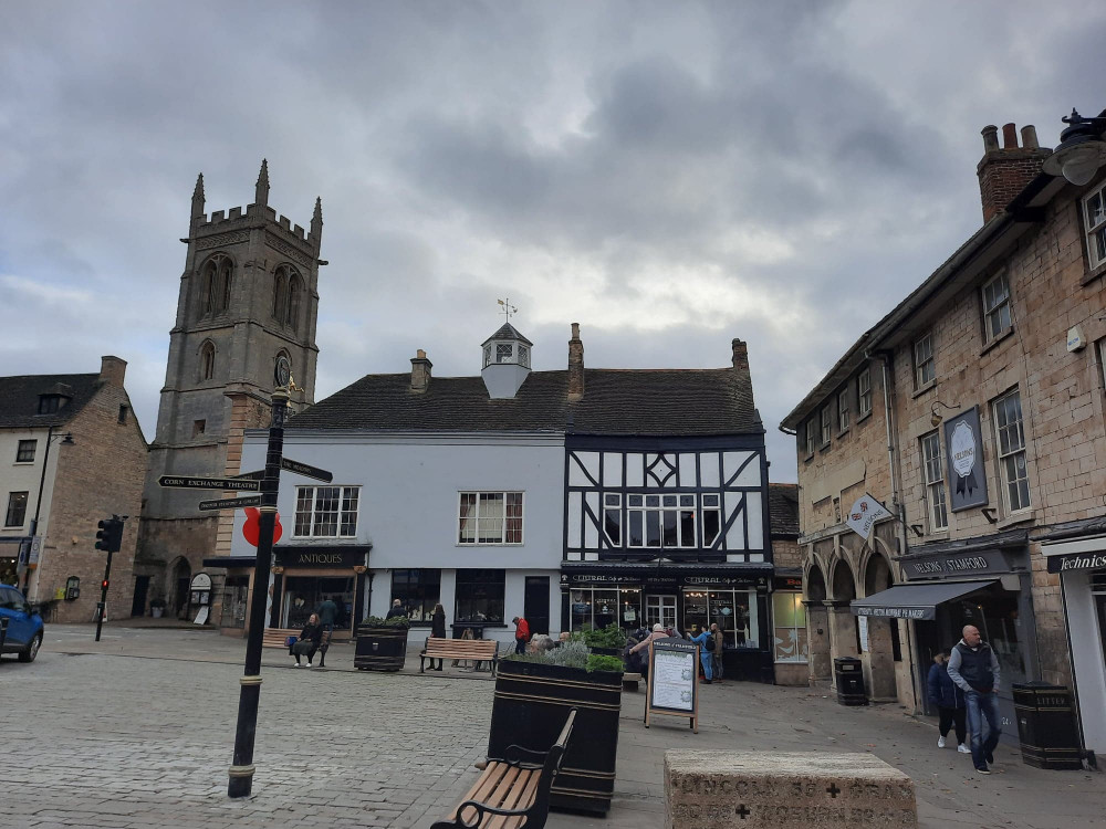 Stamford historic market town centre looking overcast.