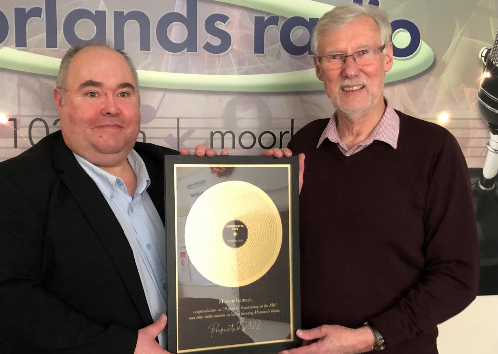 Mervyn Gamage (right) receives his gold disc from his Saturday co-presenter Tony Mullins (left). (Mervyn is on the right)