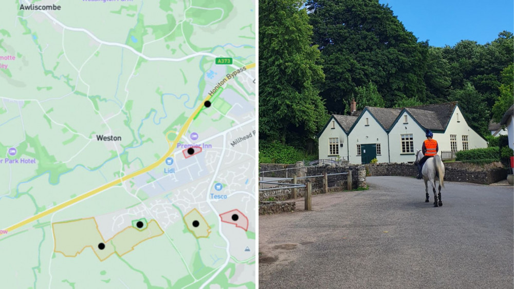 L:  A map from the Local Plan (Credit: EDDC) R: New developments could take place within 400m of Gittisham, a historic village. 