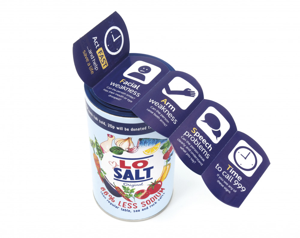 Lifesaver: the special tubs of LoSalt® tell people how to spot the symptoms of a stroke