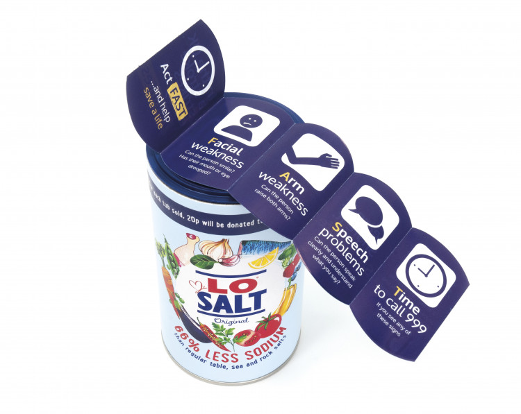 Lifesaver: the special tubs of LoSalt® tell people how to spot the symptoms of a stroke