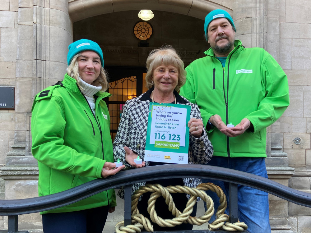 Councillor Ann Edgeller with Samaritans volunteers, Sally Dowden and Damon Preece (Staffordshire County Council). 