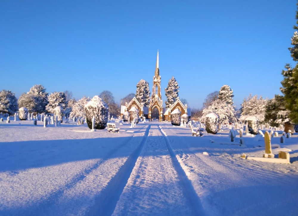 Oakham Cemetery, Kilburn Road, in the snow in 2021.