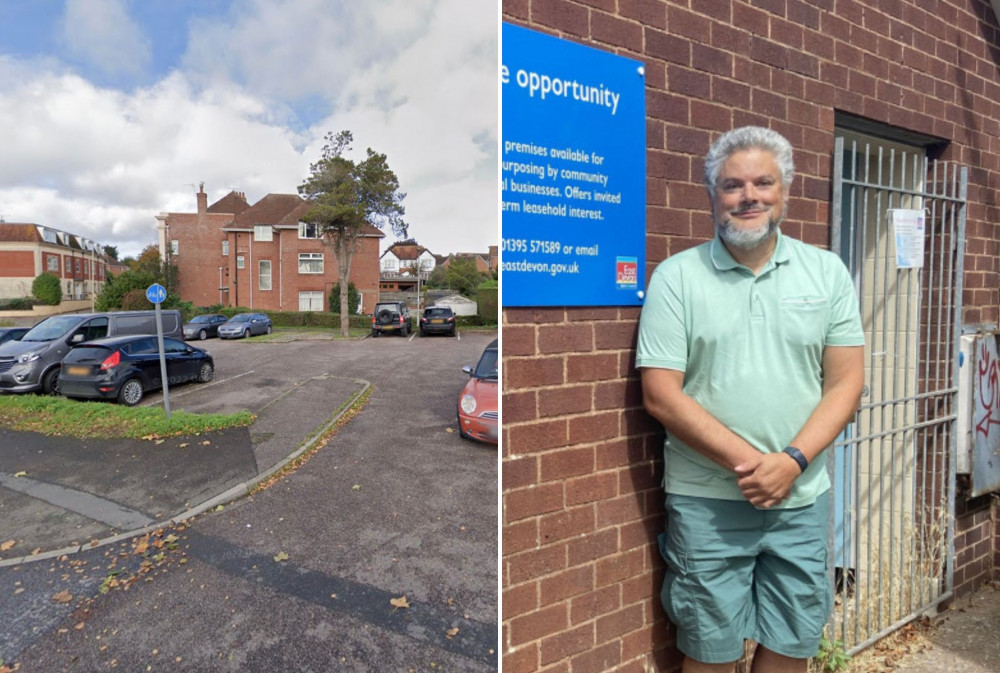 L: Jarvis Close car park (Google Maps). R: Cllr Bruce de Saram outside the Jarvis Close toilet block (Bruce de Saram)