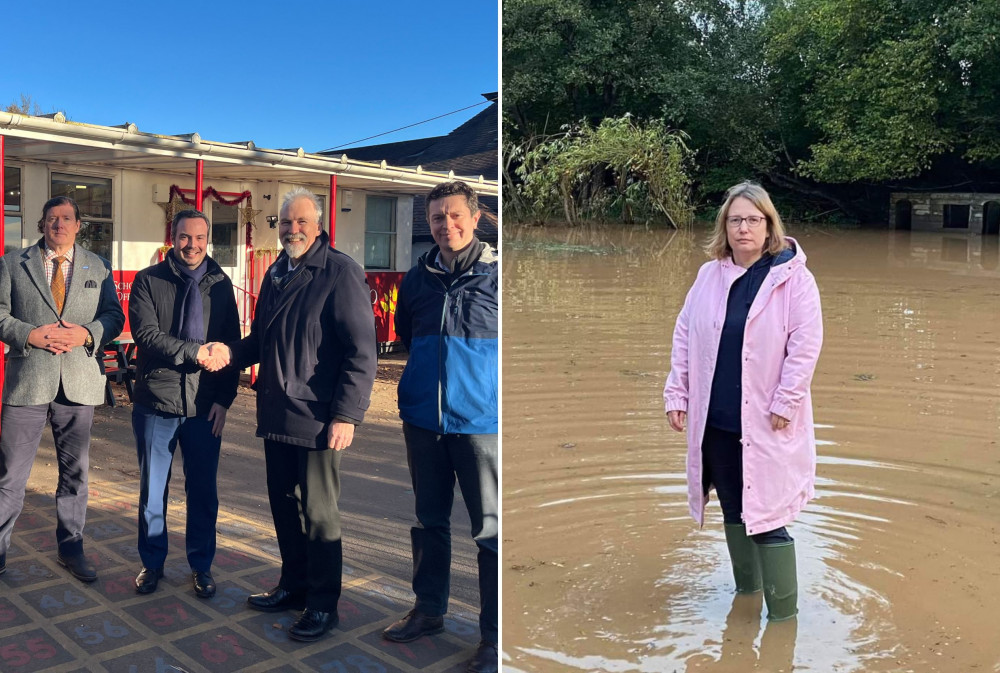 L: Cllr Andrew Leadbetter, Simon Jupp MP, Colin Butler, Pete Button (Simon Jupp). R: Cllr Jess Bailey standing in the flooding grounds in October 2021 (Jess Bailey)