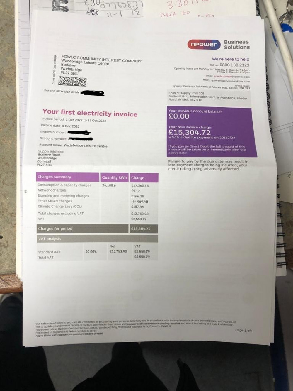 The electricity bill for more than £15,000 sent to the Friends of Wadebridge Leisure Centre (Image: Amanda Pennington)