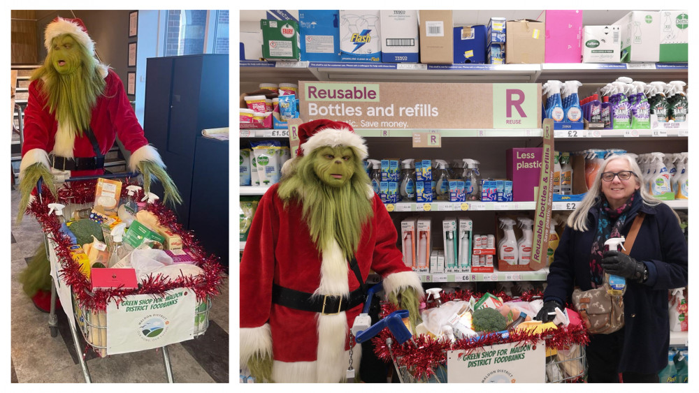 The Maldon Grinch was joined by Council Leader Penny Channer (right) at Tesco last weekend. (Photos: Maldon District Council)