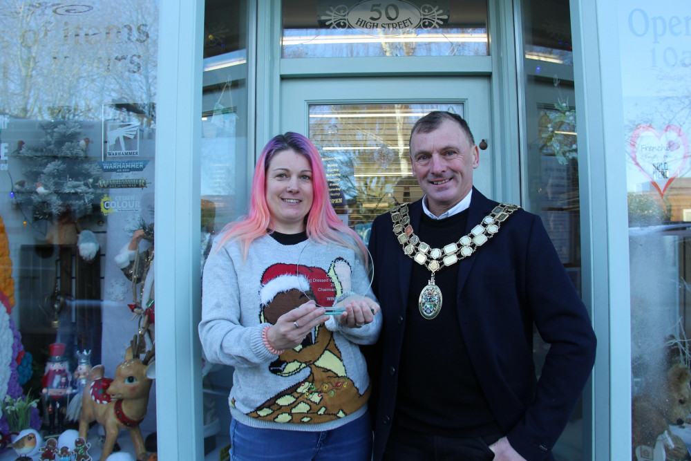 Chairman's Choice winner, Marie Davenport, owner of Kat's Antiques, with North West Leicestershire District Council Chairman, Cllr Russell Boam.