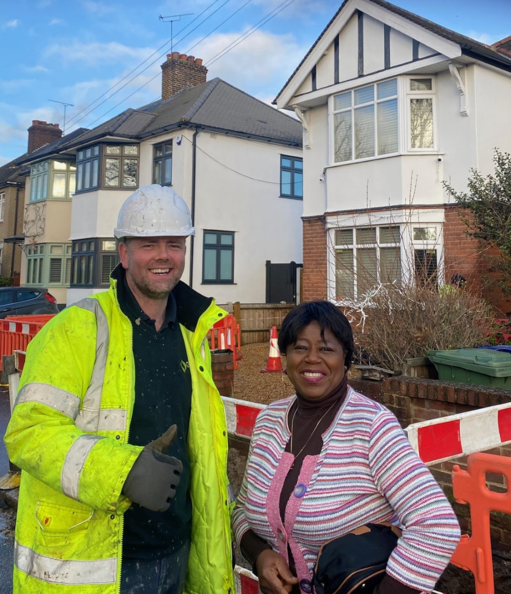 Thumbs up for a speedy return. Anu Adegbite with one of the engineers during today's concrete pumping operation. 