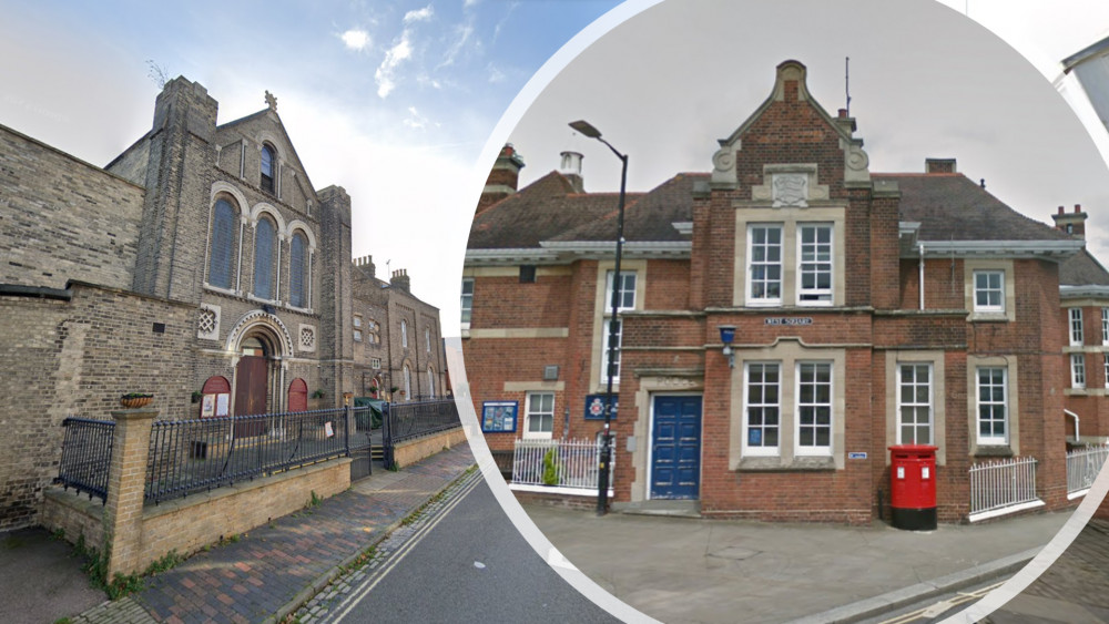 Left: The Roman Catholic Church in Colchester, where the couple were due to be wed. Right: Maldon Police Station, where the groom would likely have ended up after handing himself in to the police. (Photos: Google)