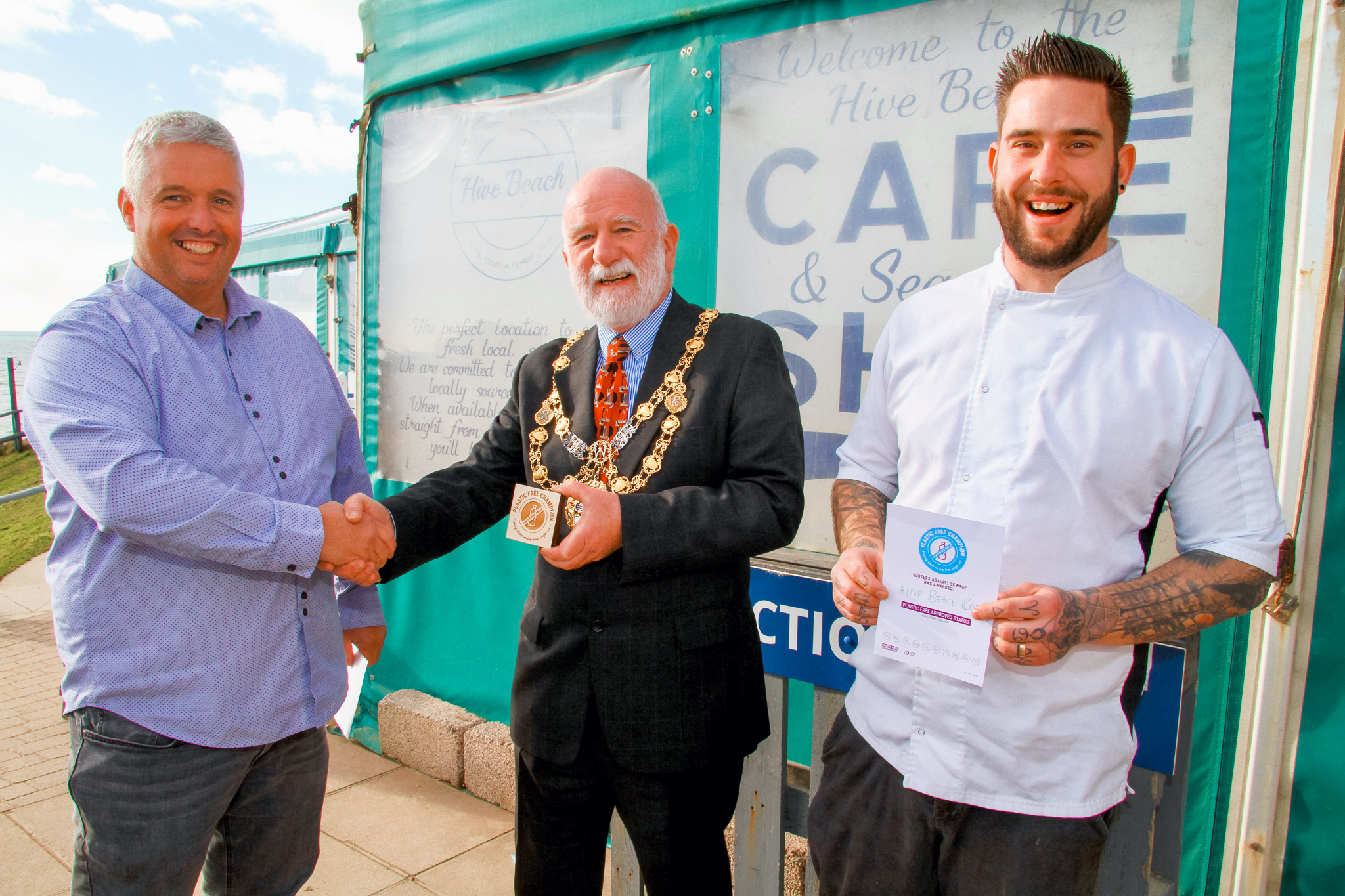 The Hive Beach Cafe was pleased to be named a Plastic Free Champion in 2022, with the award presented by the Mayor of Bridport Cllr Ian Bark