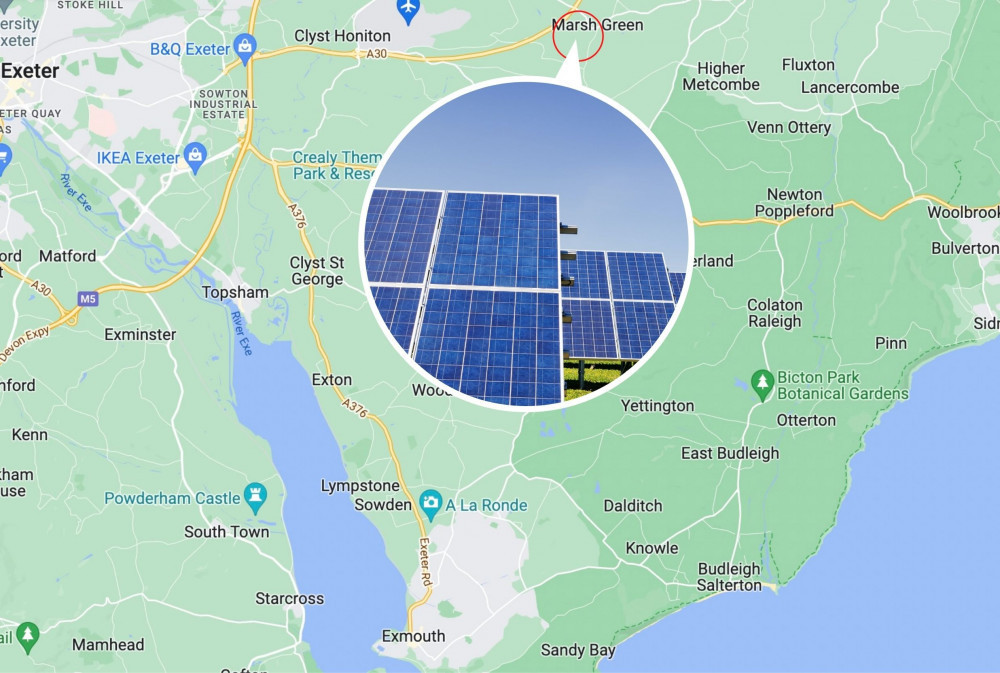 The farm would have been built on land neighbouring the A30 (Google Maps). Inset: Example of solar panels (Unsplash)