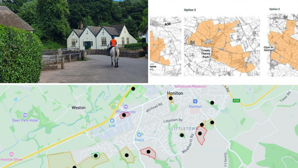 Top L: Gittisham R: The three locations for the proposed new town (EDDC) Bottom: The development plan for Honiton (EDDC)